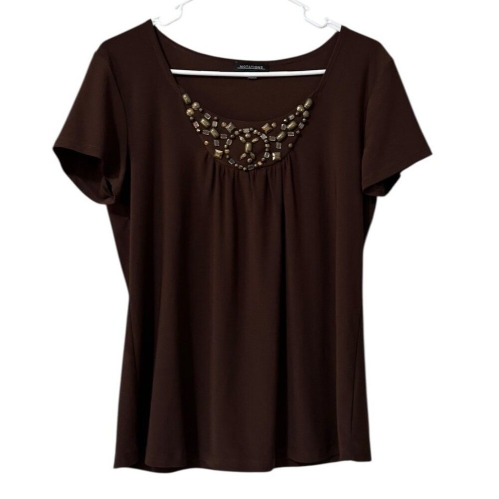 Notations Women Size Small Short Sleeve Blouse Beads Embellished Stretch Artsy